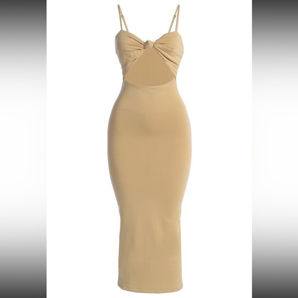 NEW JLUXLABEL Beige Midnight Memories Fitted Knot Cut Out Midi Dress - Picture 5 of 11